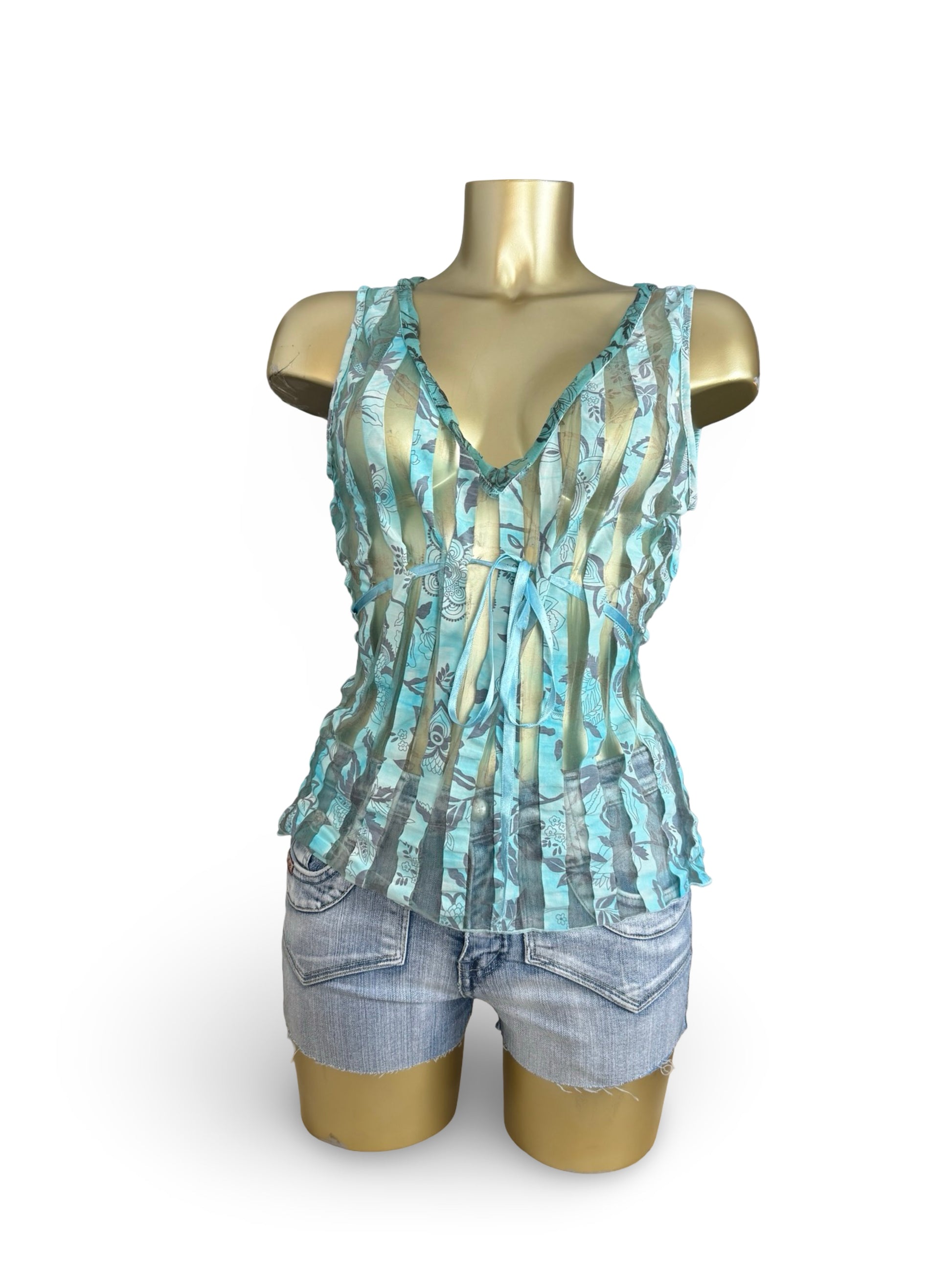 Blue striped floral tie up mesh top (XL)