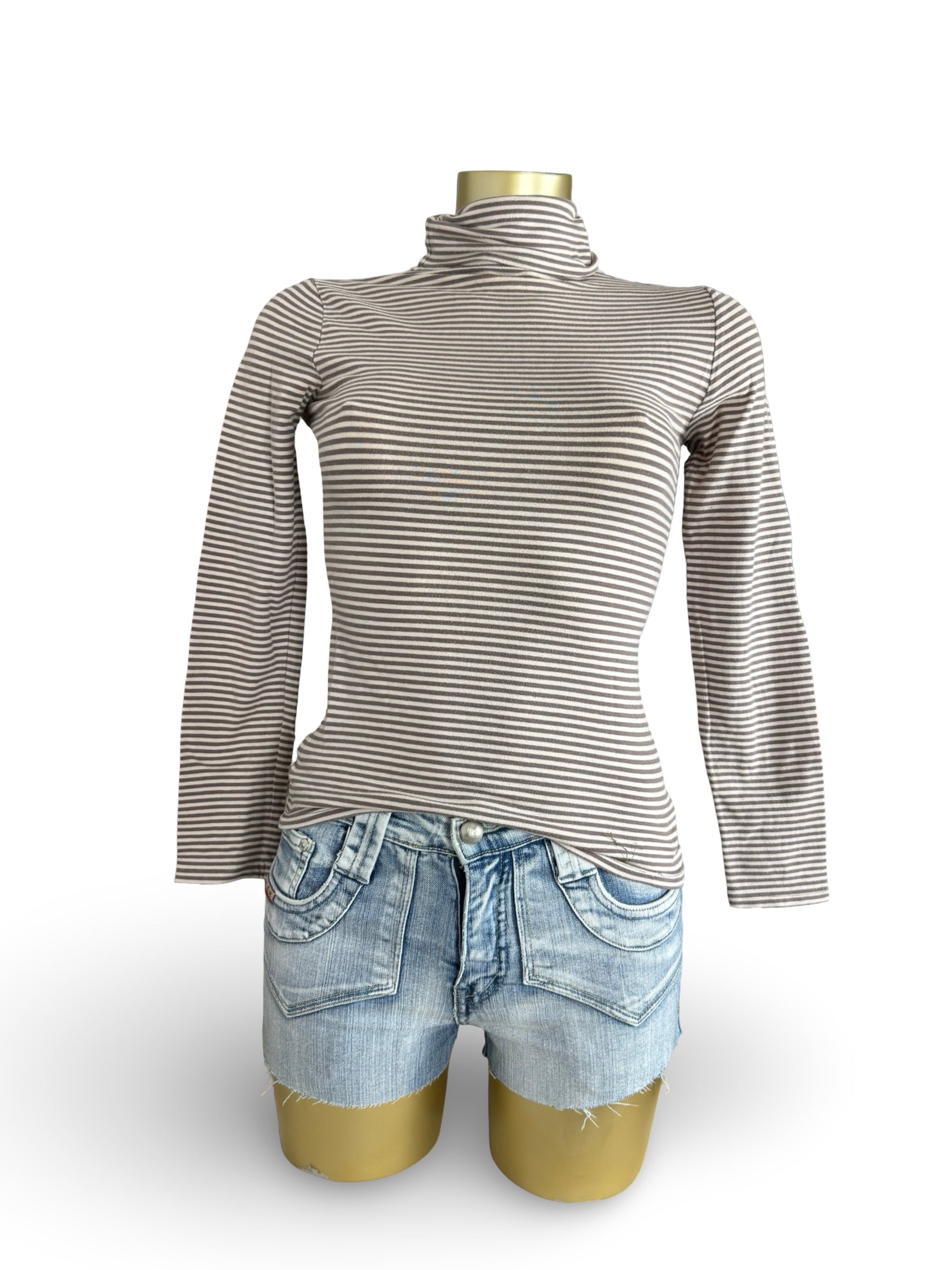 Beige striped tight fit long sleeves top (S)