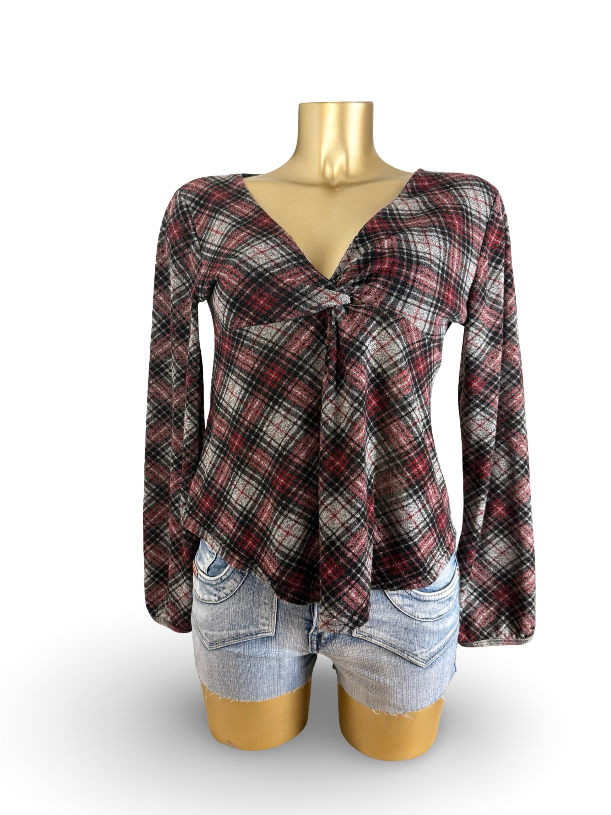 Cotton check print V neck long sleeves top (L)