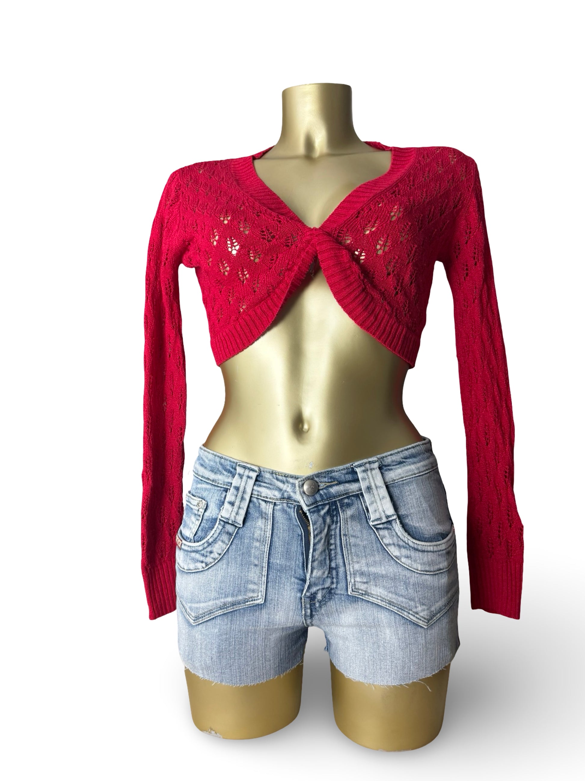 Red crochet linen & cotton bolero top (S/M)