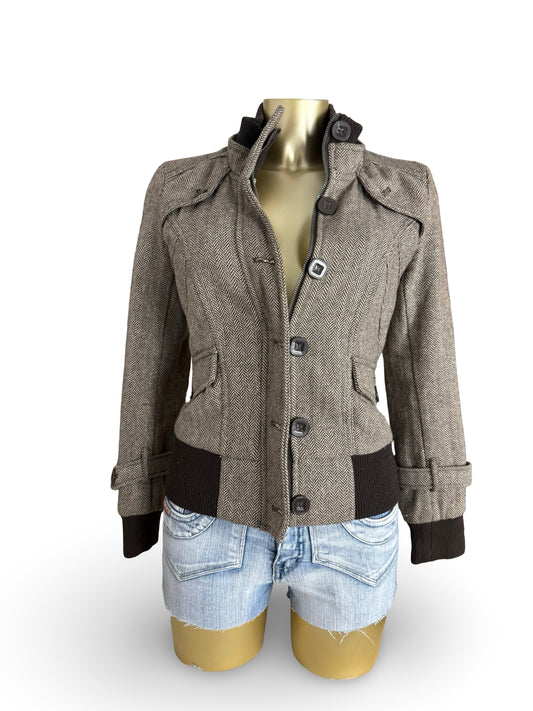 Brown check print biker jacket (M)