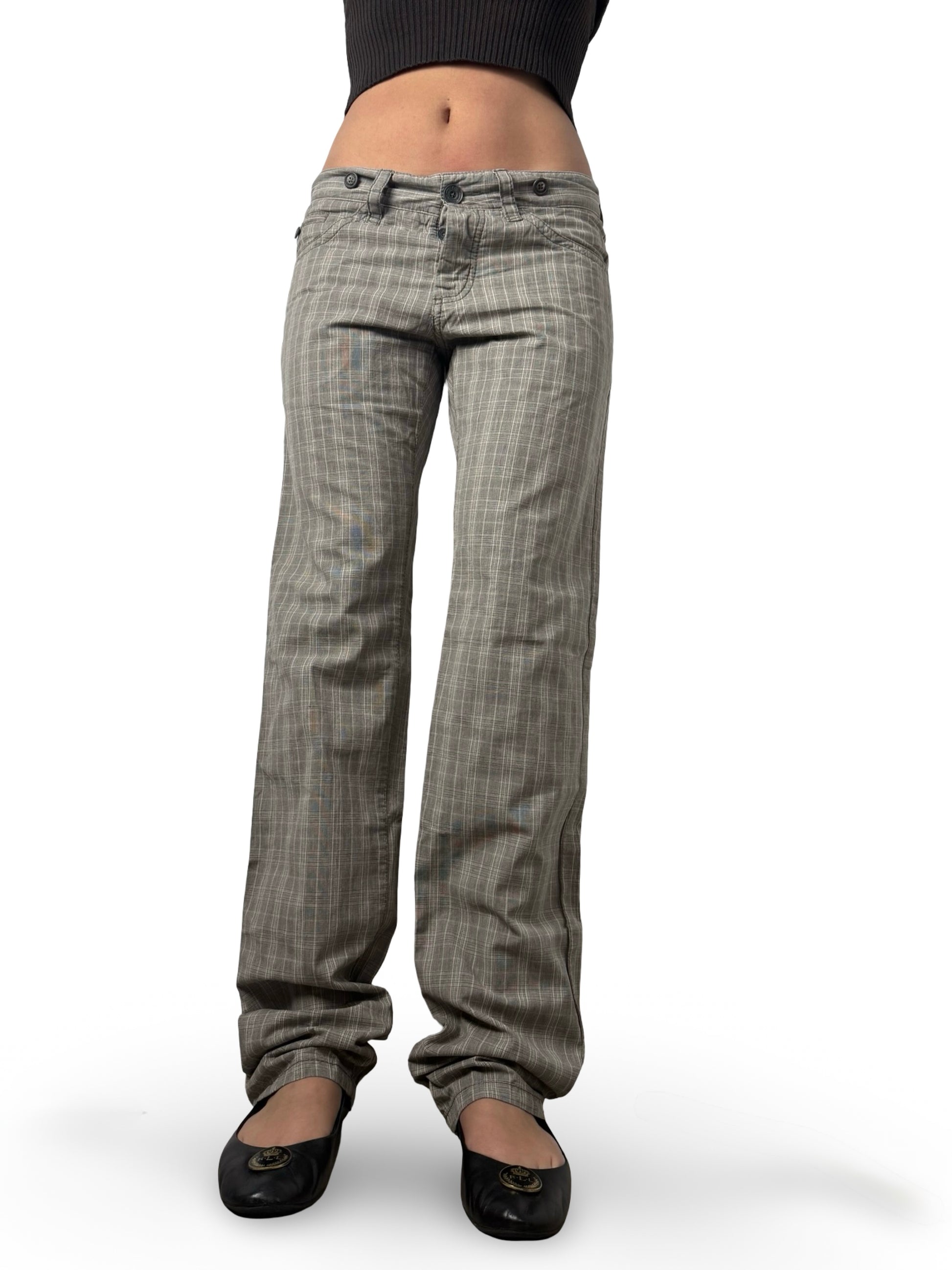 Brown check print low rise baggy pants (M)