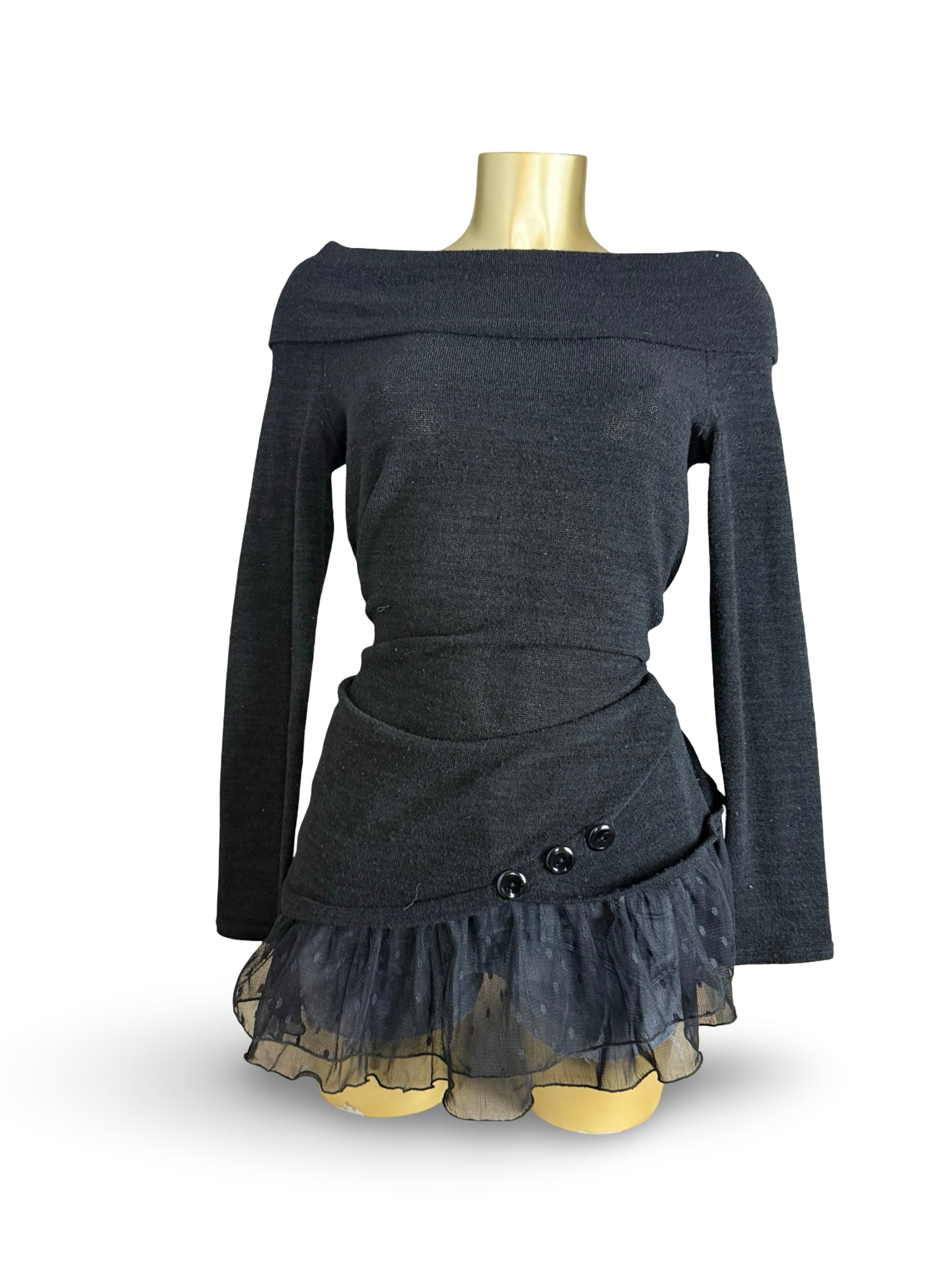 Black turtleneck / off shoulder knitted mini dress (S)