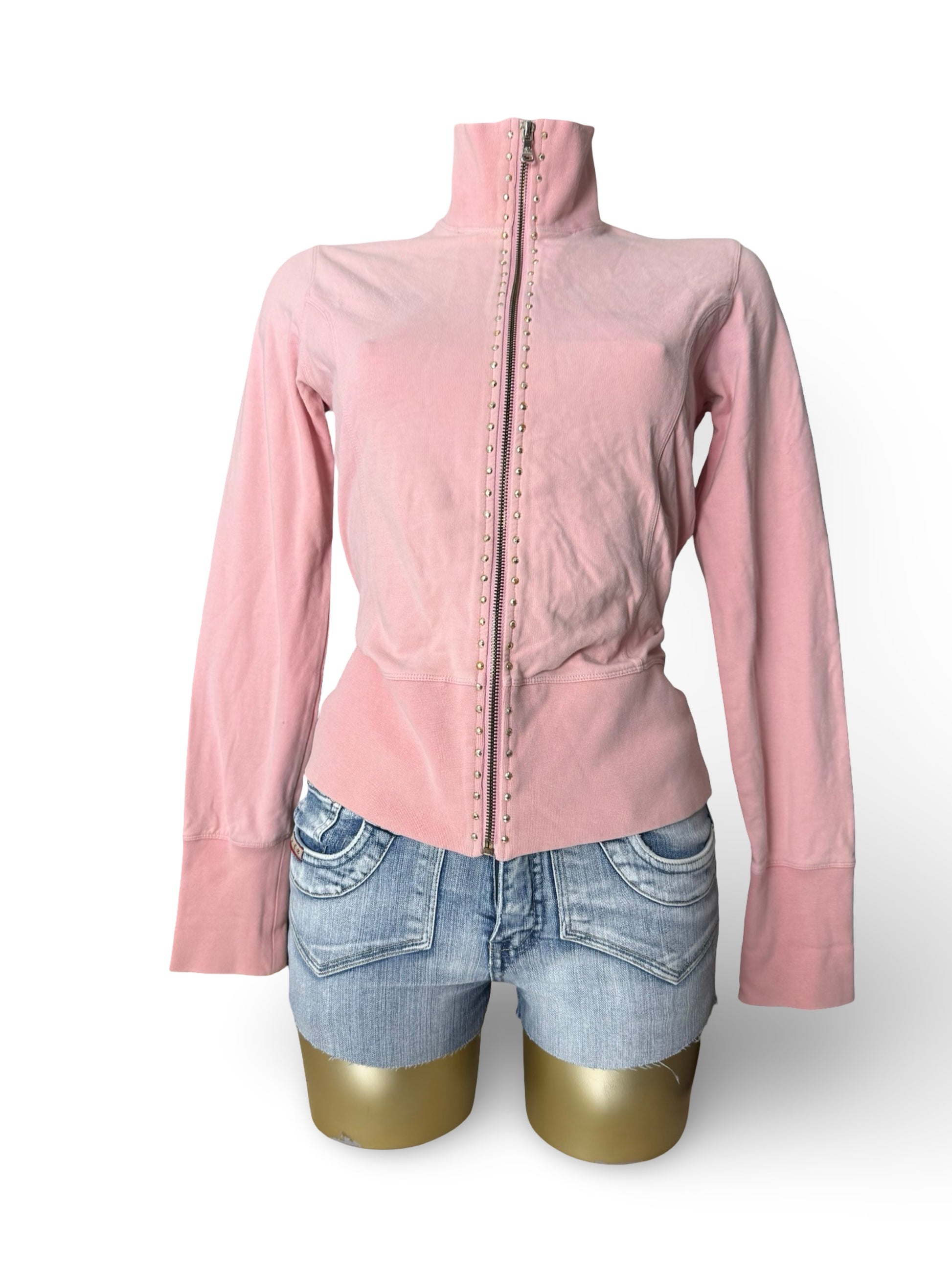 Pink cotton zip up tight fit sweatshirt (L)