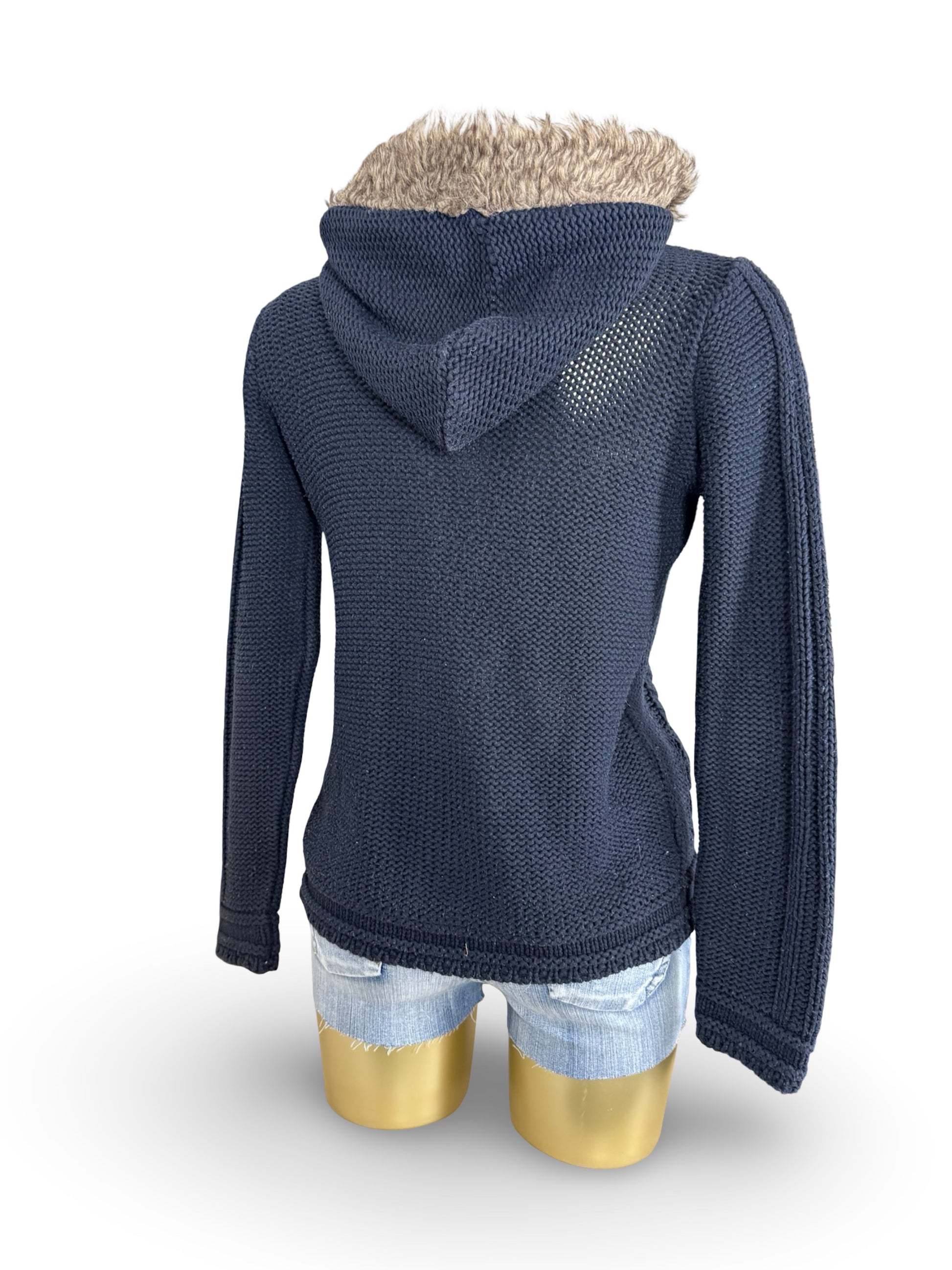 Navy cotton faux fur hooded cardigan  jumper (M/L)