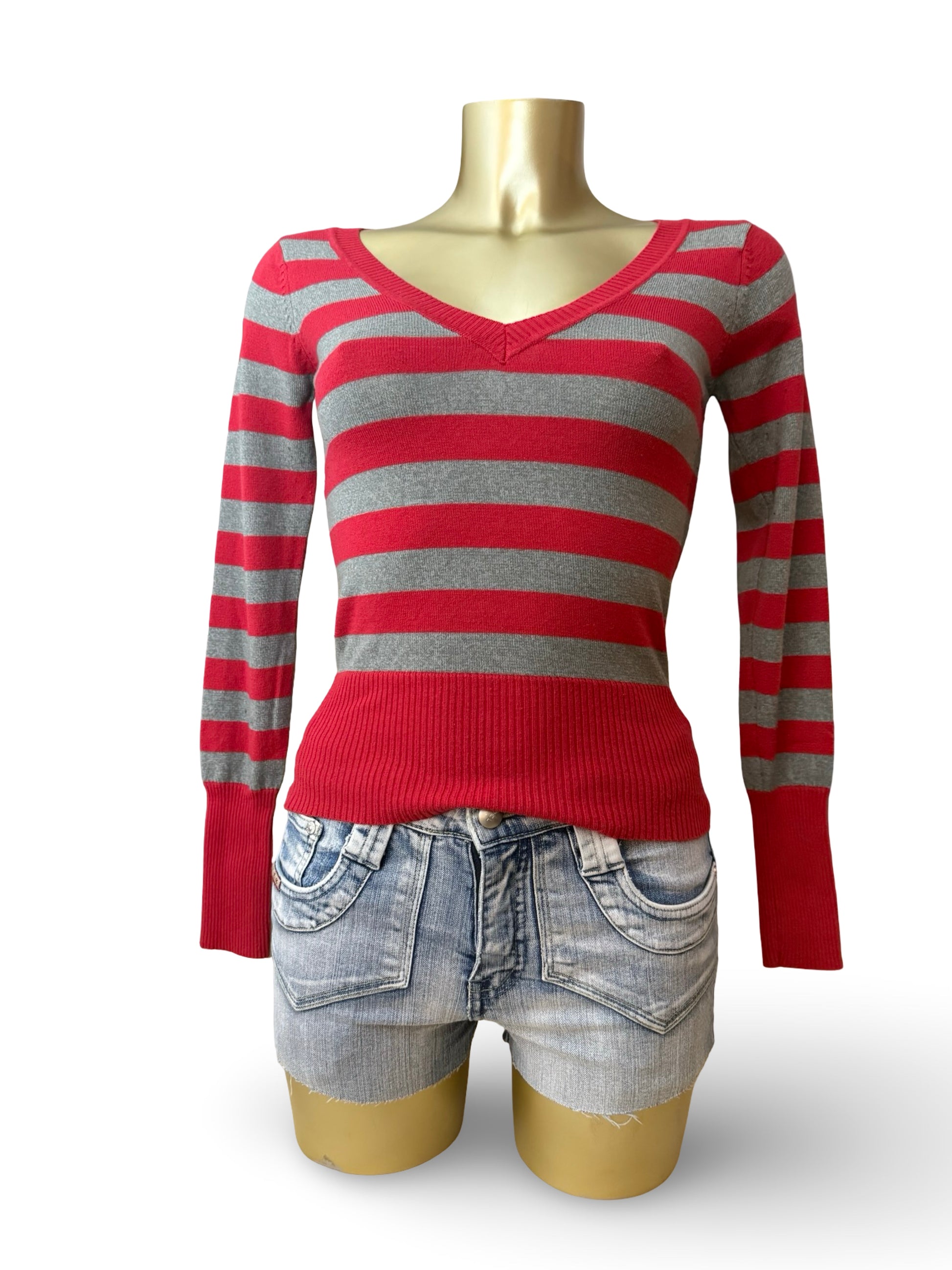 Red & grey striped V neck tight fit jumper (S)