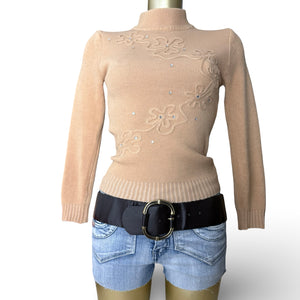 Beige high neck embroidered wool jumper (XS)