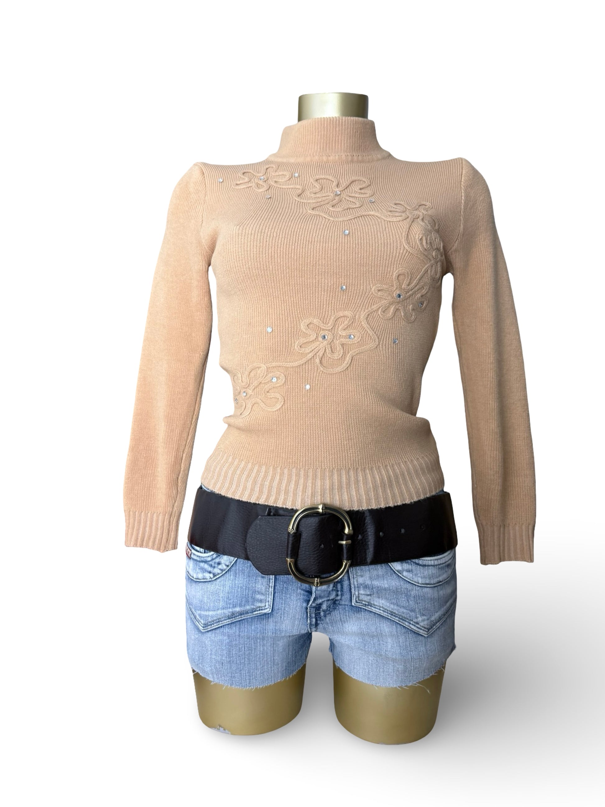 Beige high neck embroidered wool jumper (XS)