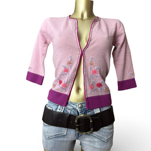 Pink lambswool cardigan embroidered jumper (M)