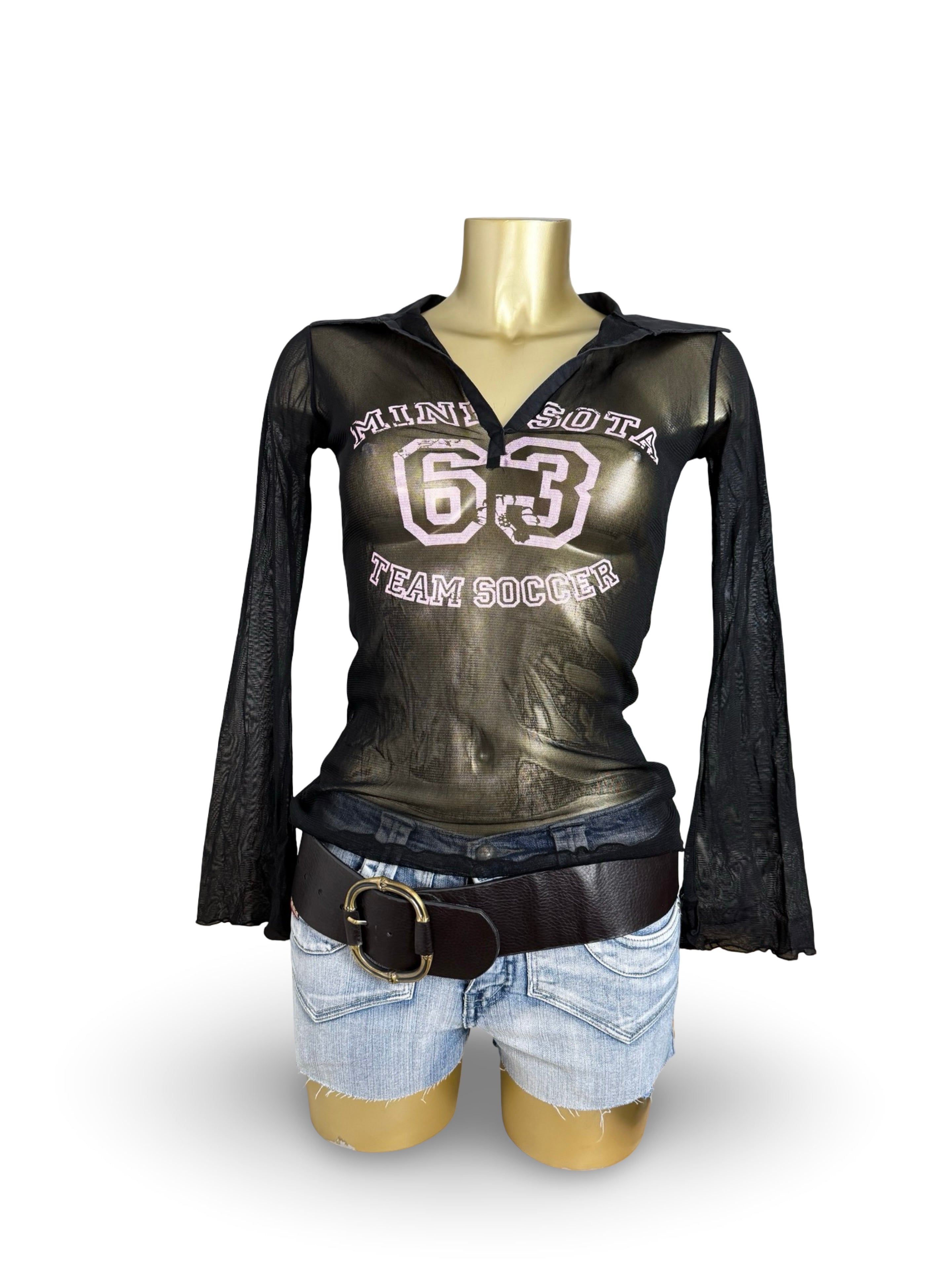 Black mesh flared long sleeves top (S)