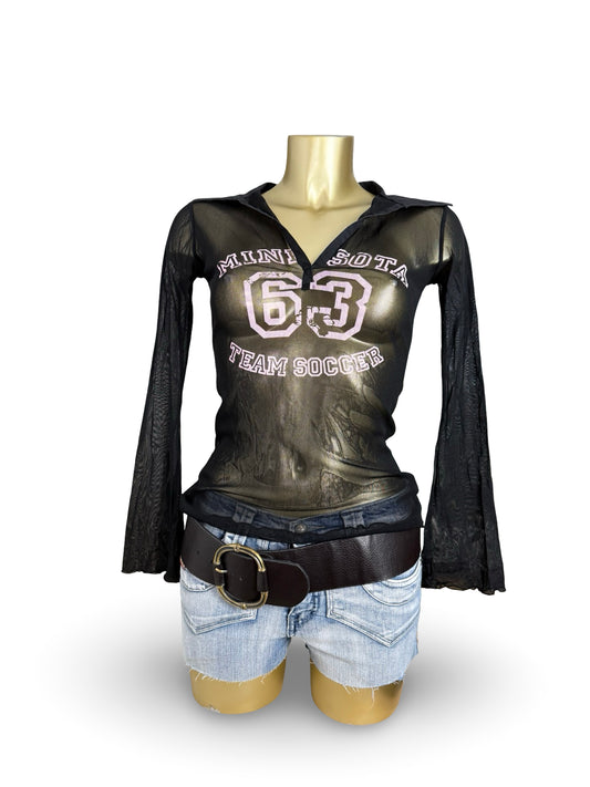 Black mesh flared long sleeves top (S)