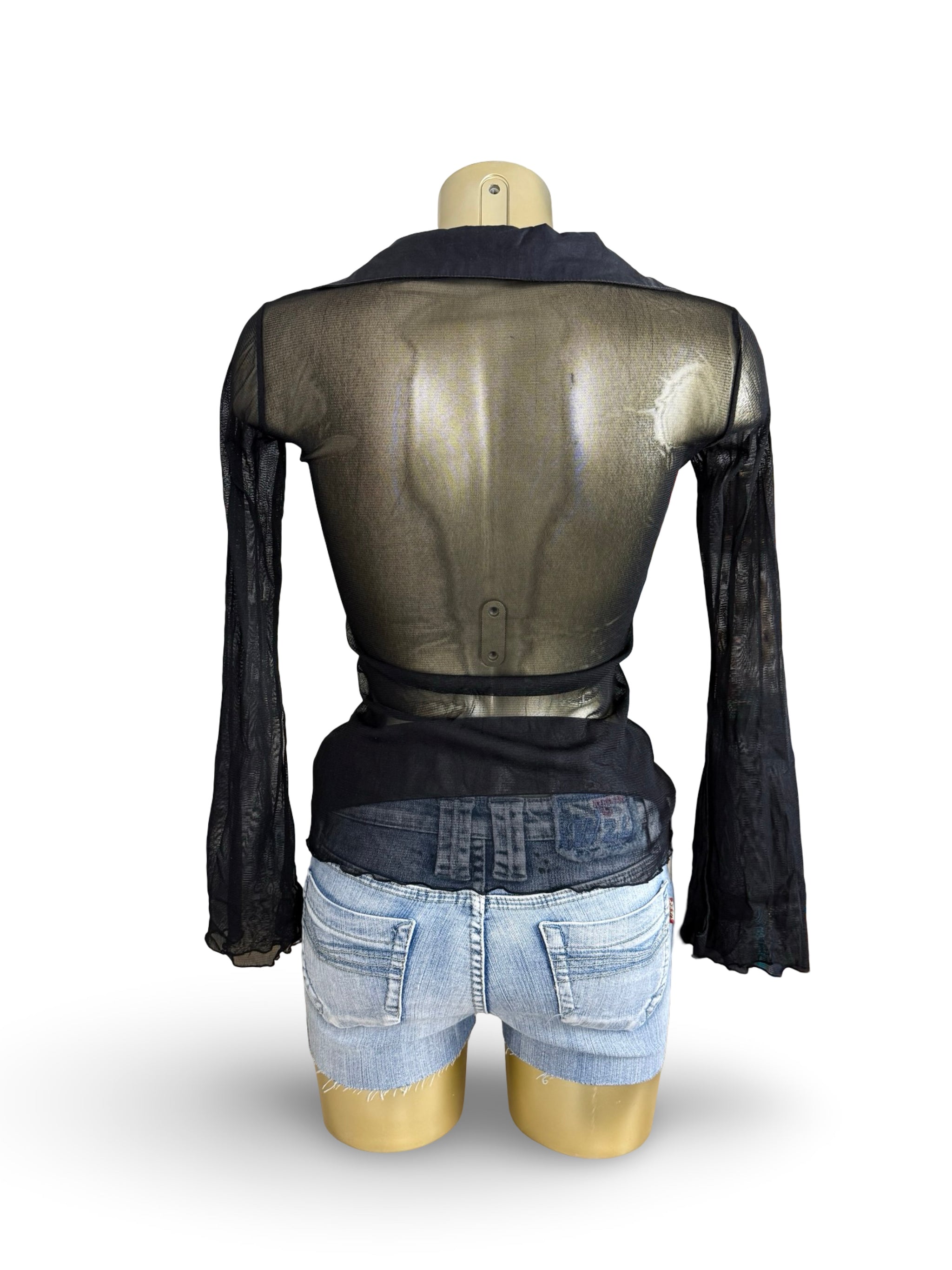 Black mesh flared long sleeves top (S)