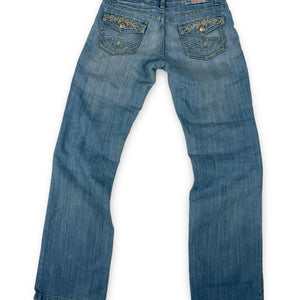 Blue denim low rise flared pants (M)