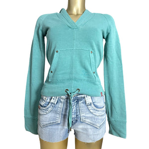 Blue cotton V neck tight fit hoodie (S)