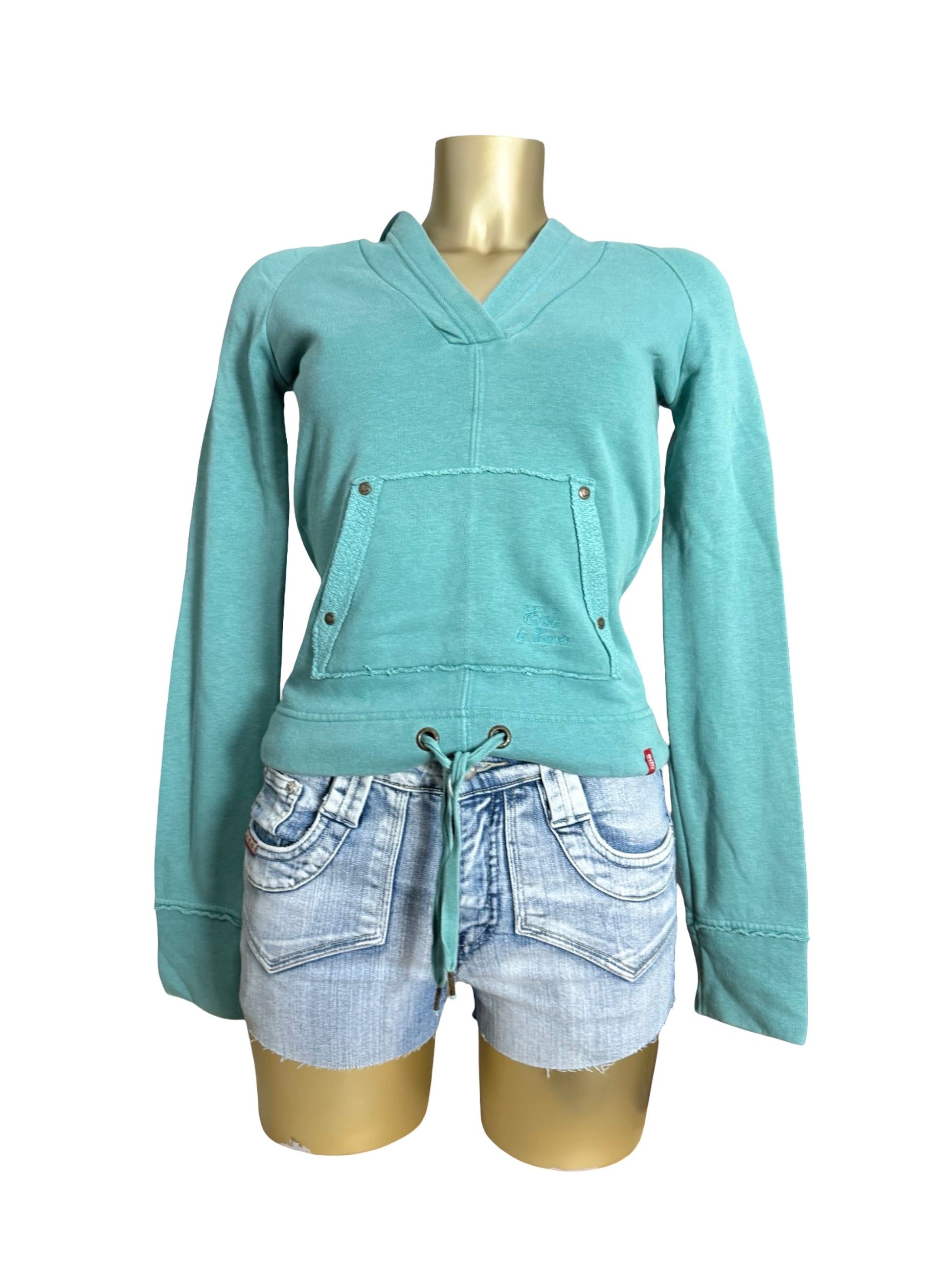 Blue cotton V neck tight fit hoodie (S)