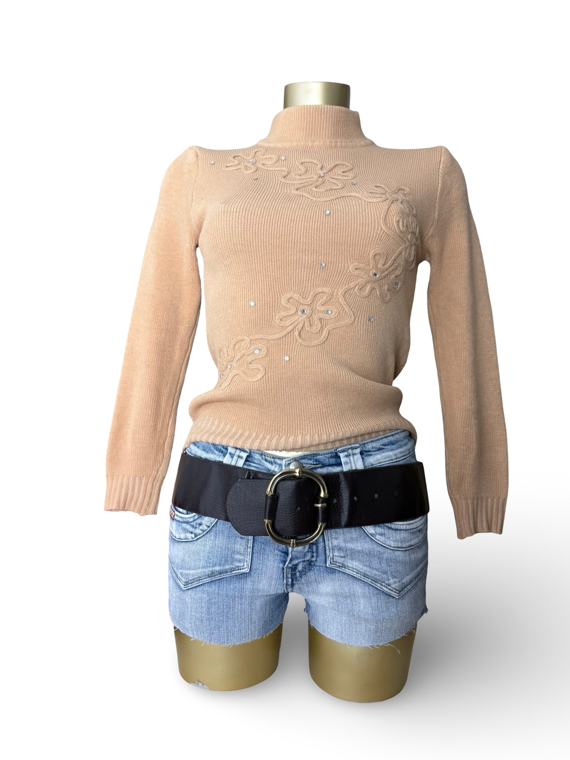 Beige high neck embroidered wool jumper (XS)