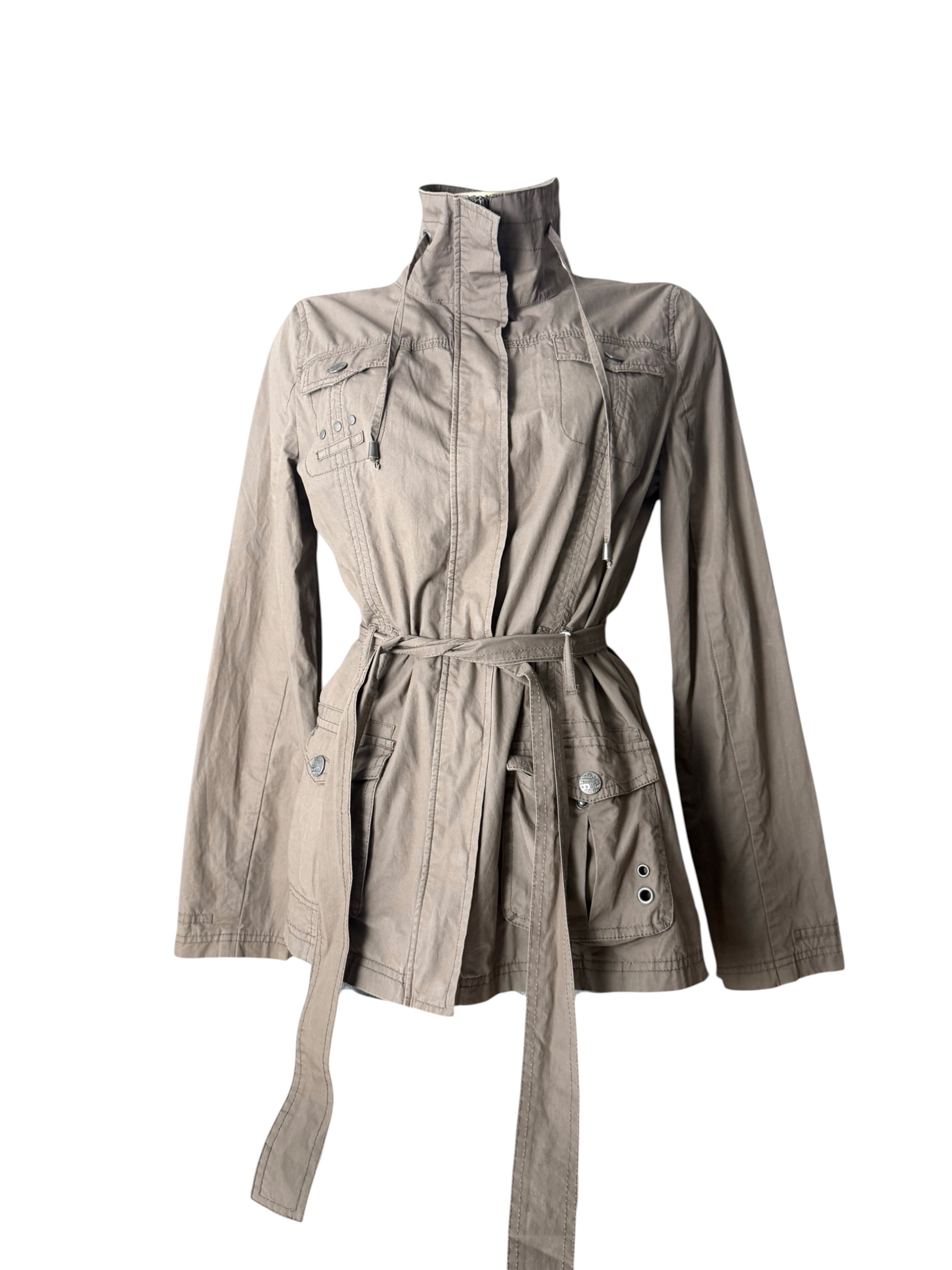 Brown cotton zip up trench jacket with belt (L)