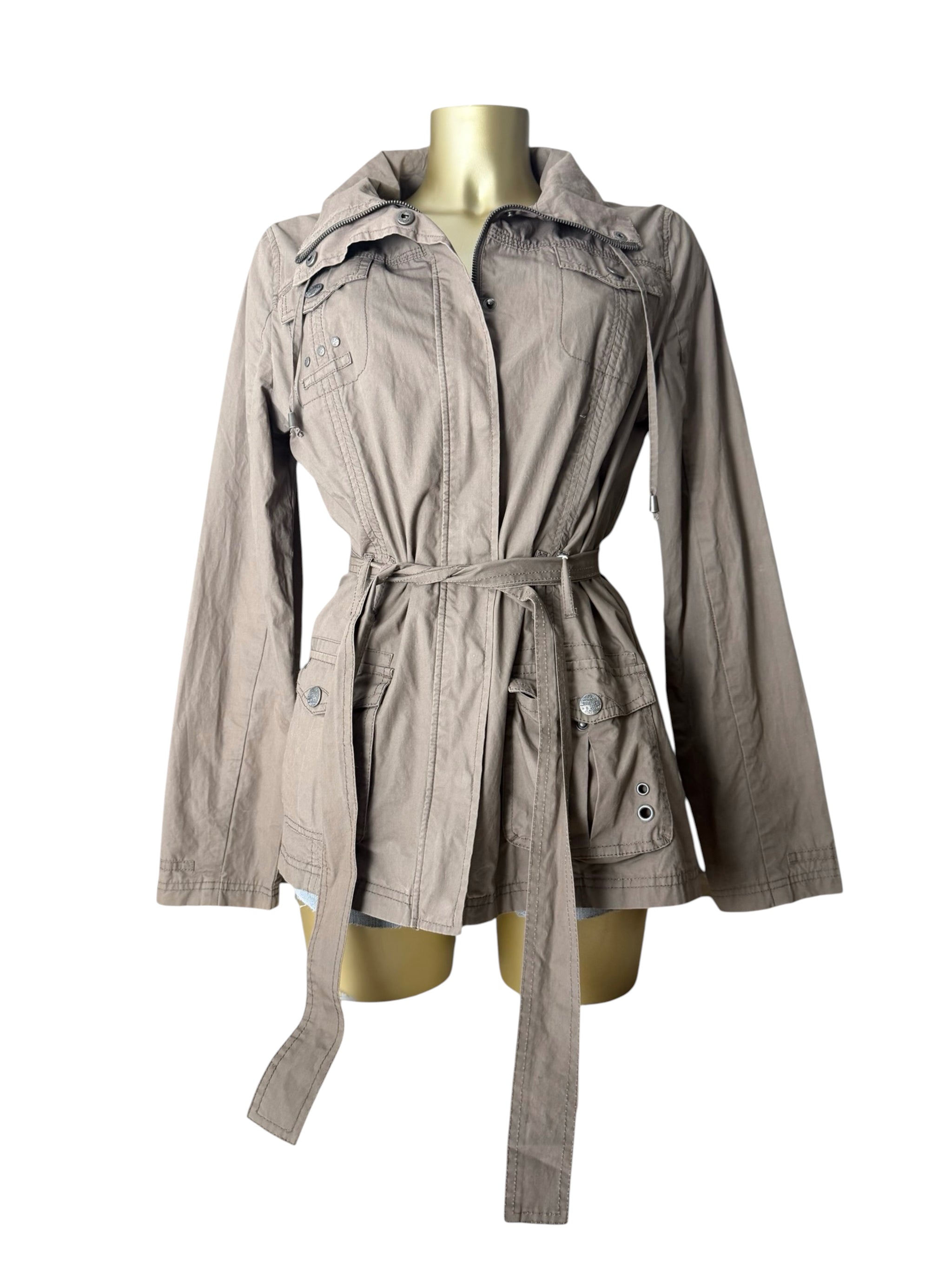 Brown cotton zip up trench jacket with belt (L)